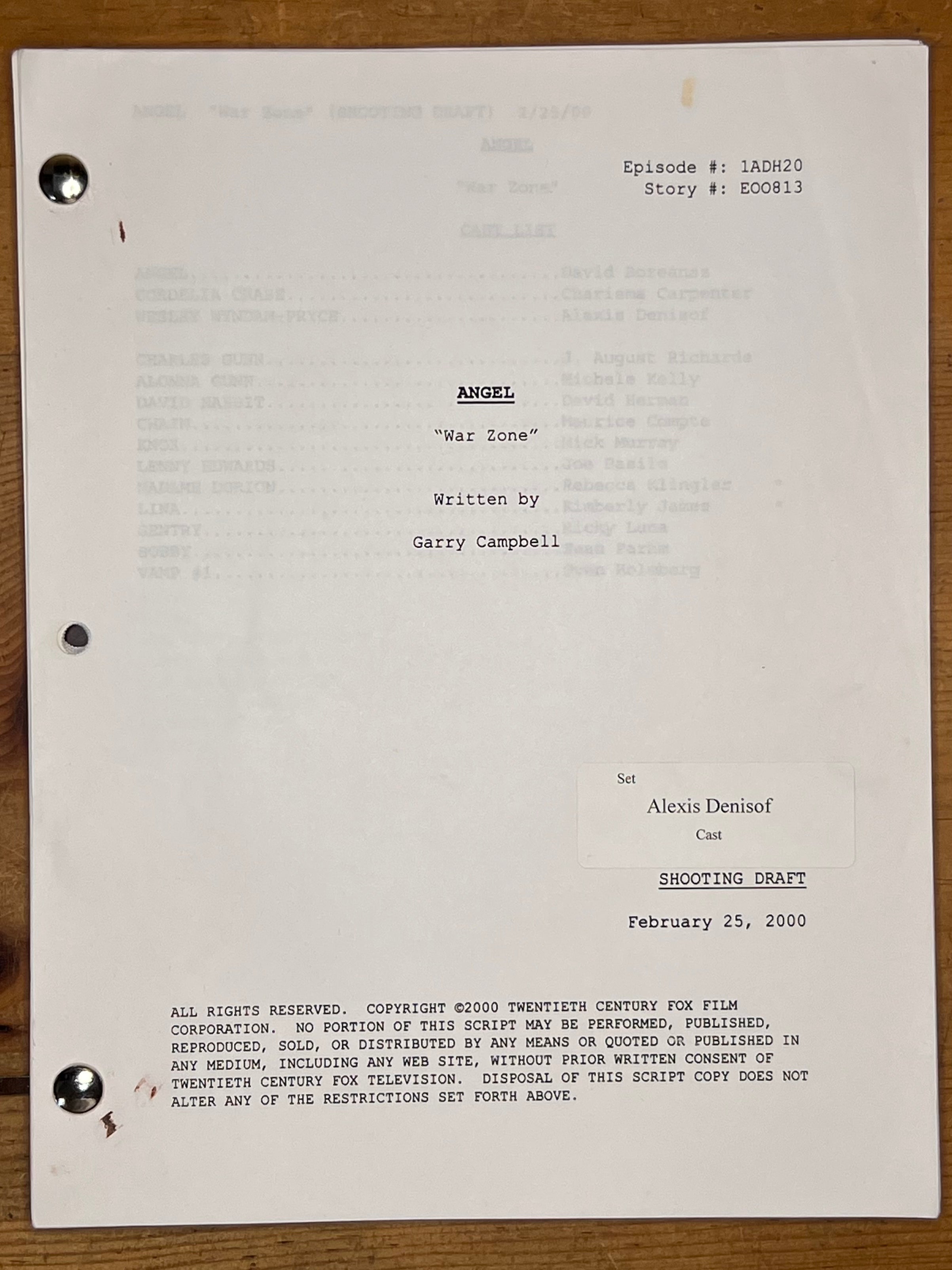 Angel Shooting Script — "War Zone" — Alexis Denisof's Copy, Charles Gunn's First Appearance