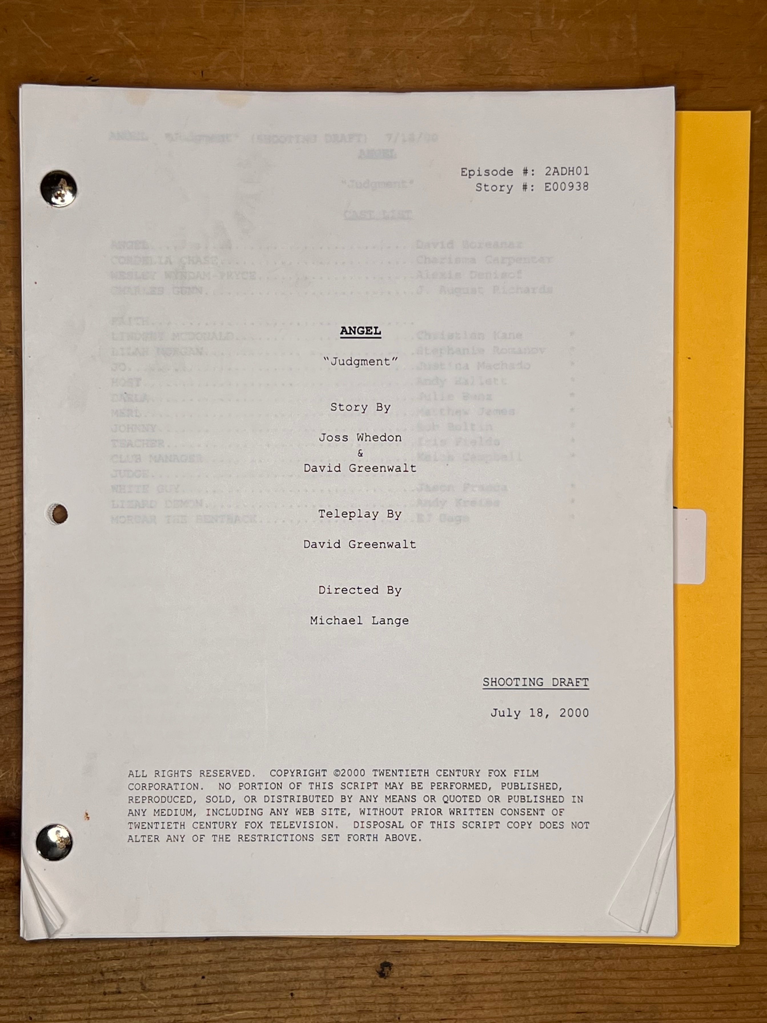 Angel Shooting Script — "Judgment" — Alexis Denisof's Copy, J. August Richards' First Episode as a Series Regular