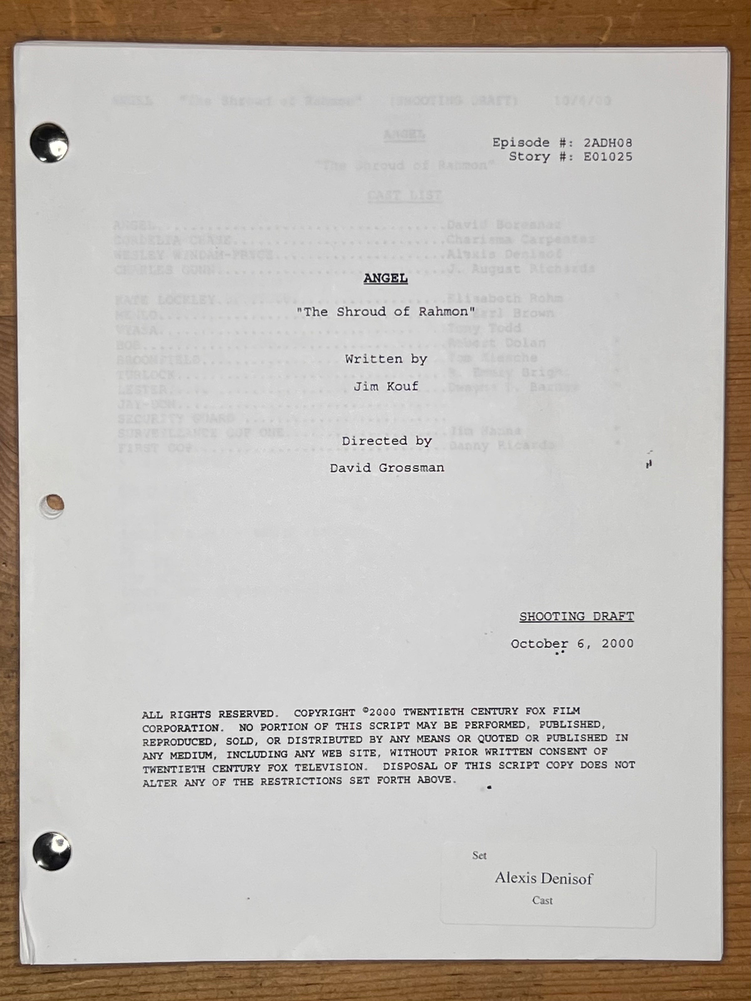 Angel Shooting Script — "The Shroud of Rahmon" — Alexis Denisof's Copy, Angel & Gunn Go Undercover