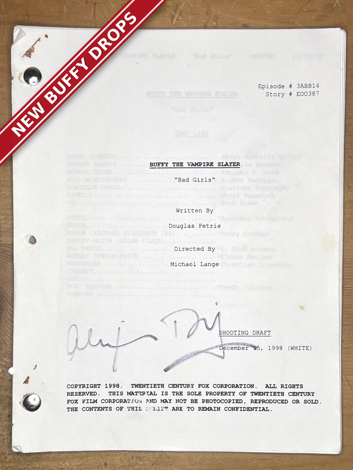 Buffy "Bad Girls" Shooting Draft Script — Hand-Signed by Alexis Denisof — Wesley's Debut, 1/1 From His Personal Collection