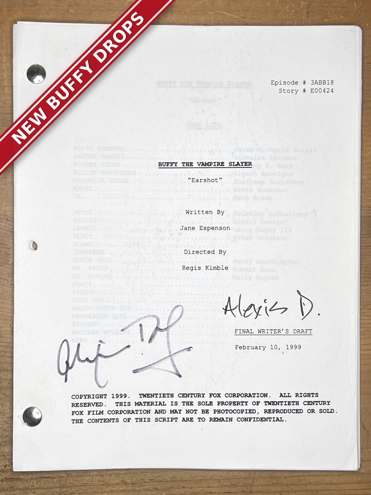 Buffy "Earshot" Final Writer's Draft Script — Hand-Signed by Alexis Denisof — Addressed to Alexis on Set, 1/1