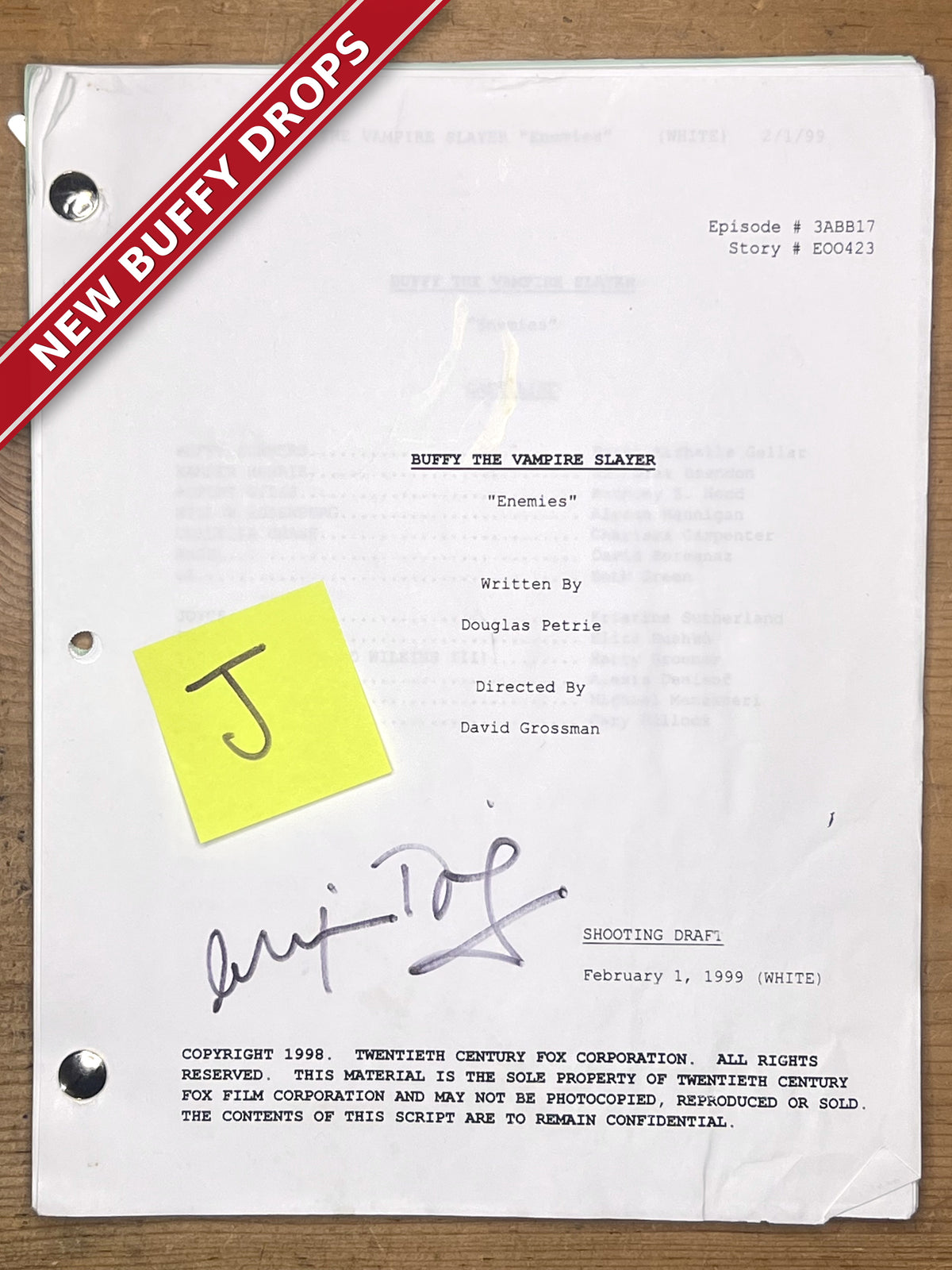 Buffy "Enemies" Shooting Draft Script — Hand-Signed by Alexis Denisof — With His "J" Post-it, 1/1